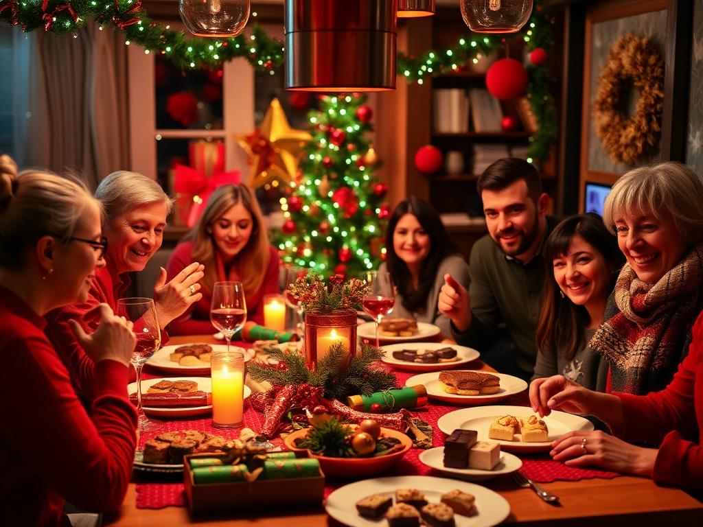 Friends and family at a bright Christmas dinner table