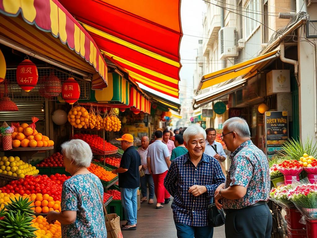 A busy, colourful street market with fruit and flower stalls