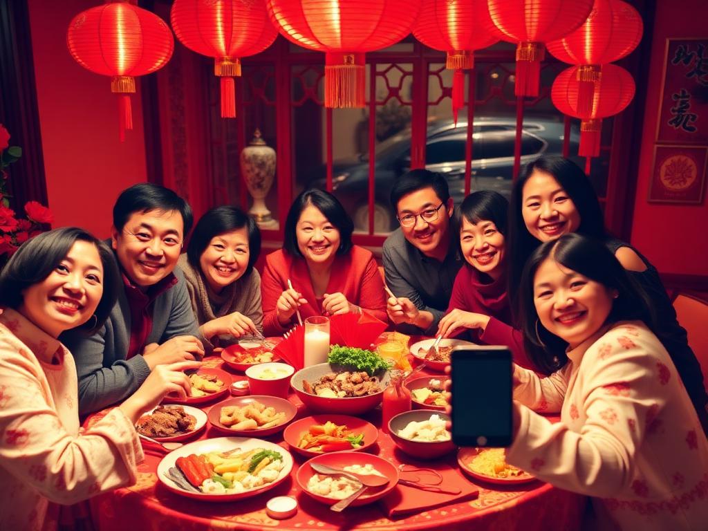A family around a red Chinese New Year table full of dishes