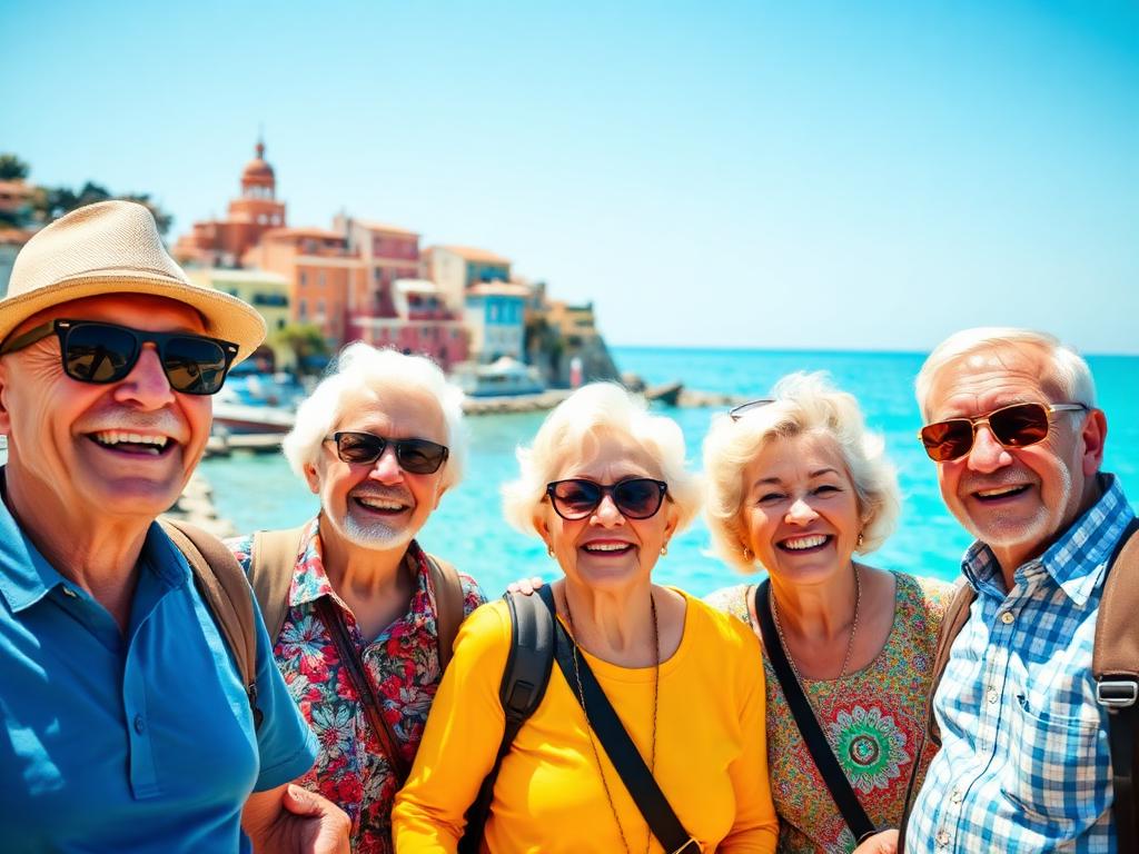 Five friends laughing together on a sunny seaside holiday